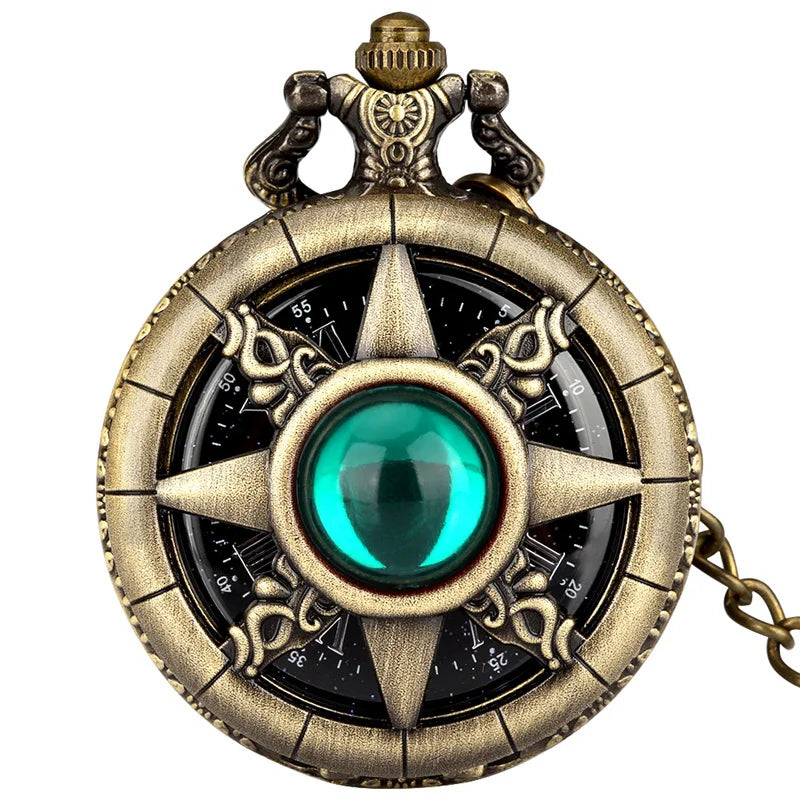 Exquisite Emerald-green Stone Bronze Case Quartz Pocket Watch Simple White Dial Chain Clock Necklace Pendant Watch for Men Women