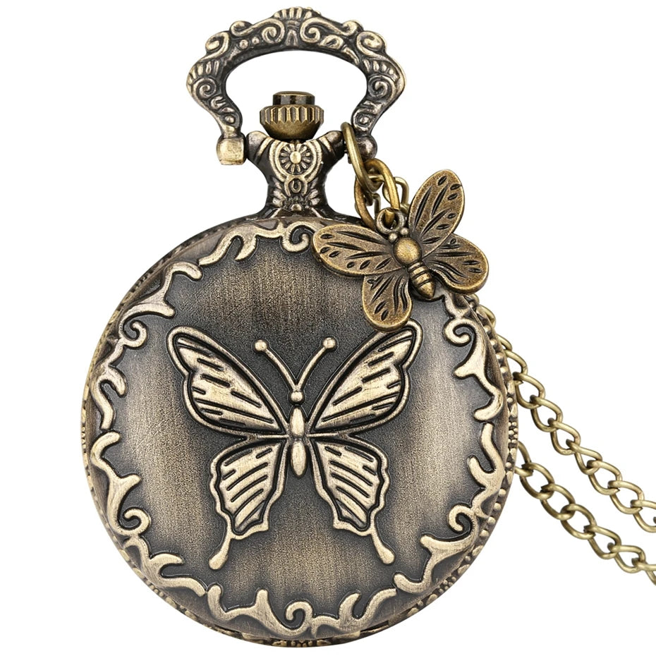 Bronze Butterfly and Flower Retro Style Necklace Pocket Watch Chain Steampunk Pendant Quartz Fob Watch Clock with Accessory 2020