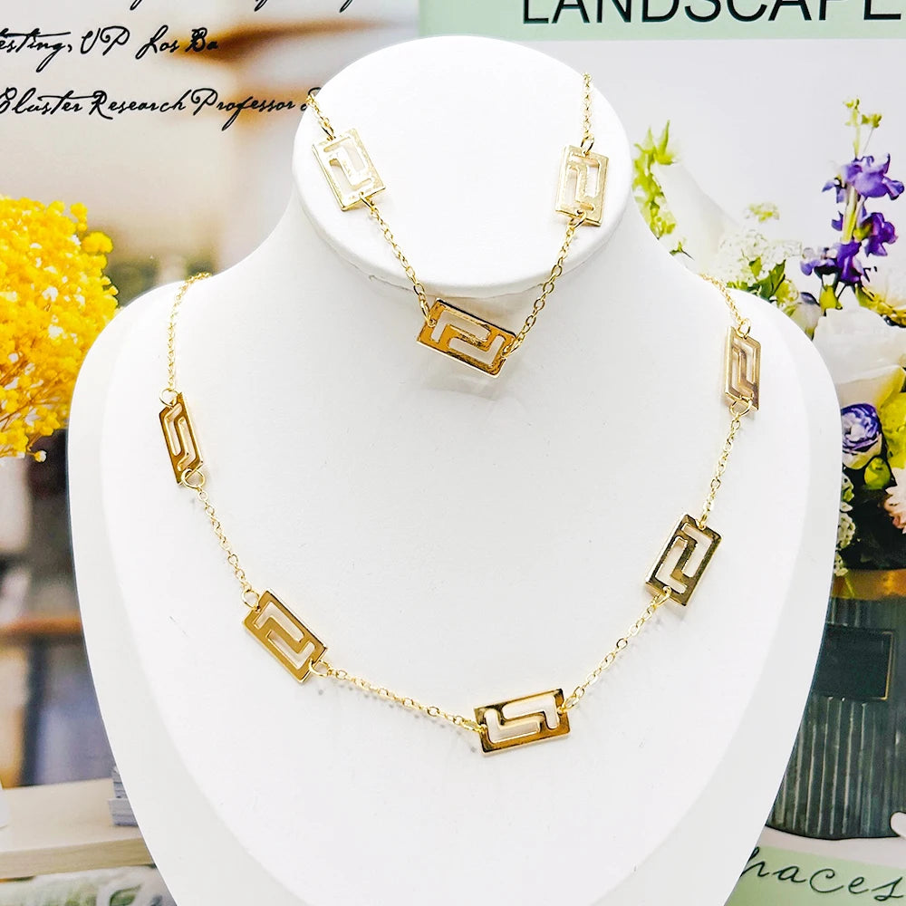 Fashion Long Chain Necklace with Bracelet Classic Gold Color Necklace for Women Trendy Bangles For Women Anniversary Party Gift