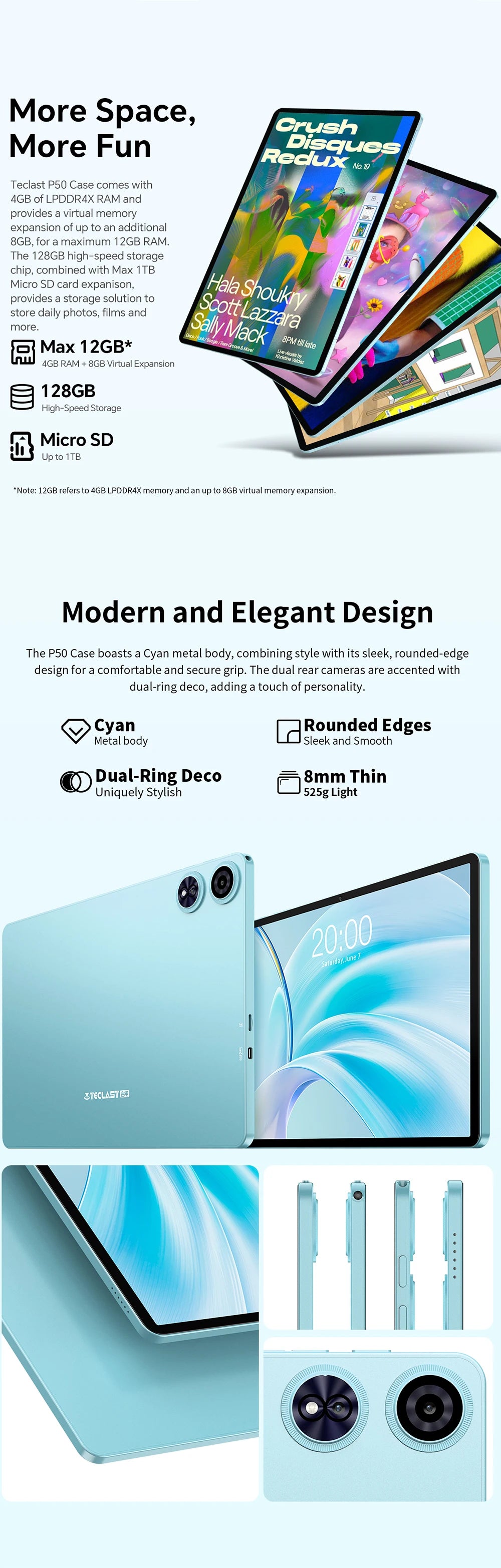 Teclast P50 Case Android 15 Tablet 11" 90Hz Max 12Gb (4Gb+8Gb Expansion) Ram 128 Gb Rom T606 8-Core Widevine L1 7000Mah Type-C