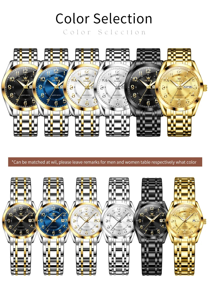 OLEVS 3666 Couple Watch Luxury Original Fashion Brand Waterproof Luminous Quartz Watch Man And Woman Watches Calendar Design