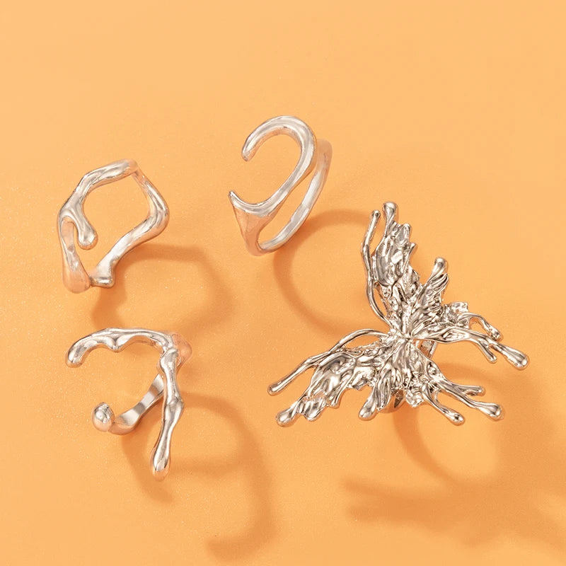 Tocona INS Big Butterfly Joint Ring Sets for Women Silver Color Geometry Alloy Metal Opening Ring Party Jewelry Anillo 22381