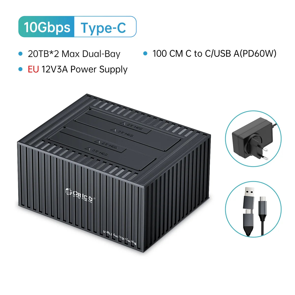 ORICO 3.5 Inch Dual-bay Type-C 5Gbps Hard Drive Docking Station for 2.5/3.5" HDD/SSD with 12V3A Power UASP Container Design