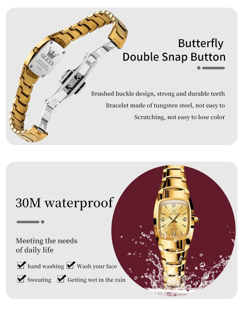 OLEVS 7006 Tonneau Tungsten Steel Couple Watch for Men Women Luxury Brand Quartz Lover's Watch His or Hers Waterproof Wristwatch