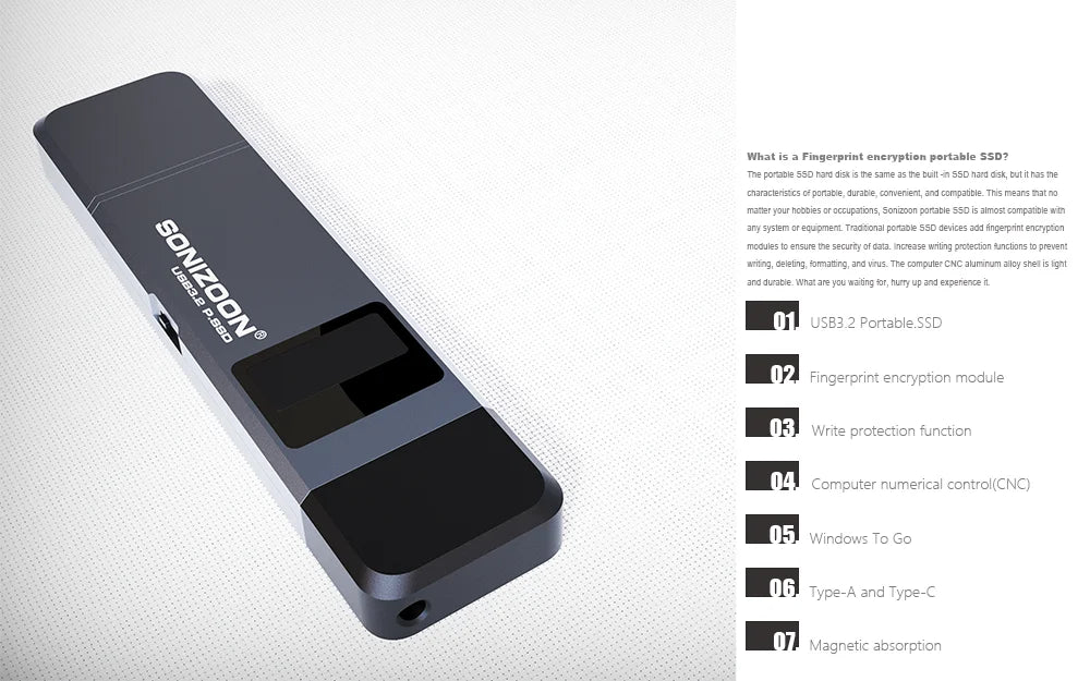 Sonizoon Fingerprint Encryption Portable SSD512/256GBWrite Protection Function Solid State USB Flash Drive TPYEC PenDrive USB3.2