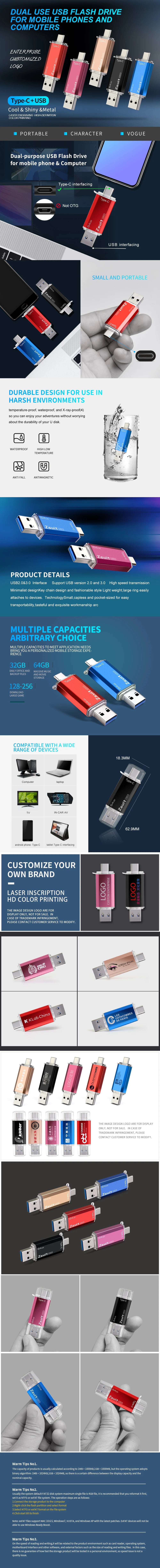 10Pcs/Lot Type-c Flash Drive 16GB 32GB Metal OTG 2 IN 1 Pen Drive 3.0/2.0 Memory Stick USB Free Logo cle Usb Waterproof U Disk