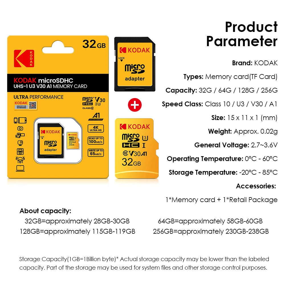 Original Kodak U3 micro sd card 32GB 64GB SDHC 128GB 256GB SDXC class 10 Flash Memory Card C10 microsd tf card with sd adapter