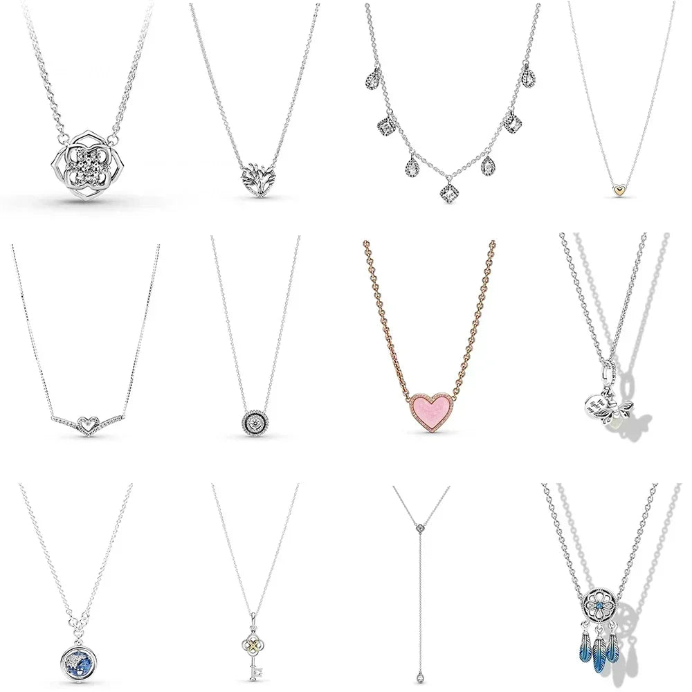 2021 New 100% 925 Sterling Silver pretty Sparkling Double Halo Collier Necklace Heart Family Tree Collier Fit Party Gift