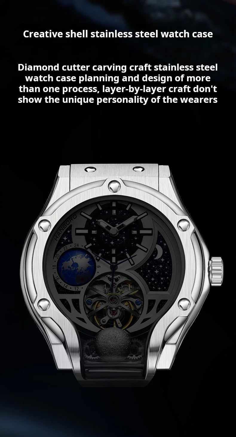 HANBORO fully automatic mechanical men's watch hollowed out wristwatch trend waterproof luminous watch