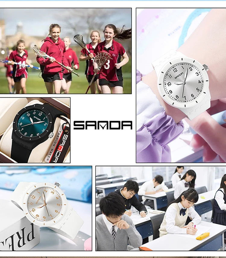 SANDA 9075 Casual Student Quartz Watch Simple Waterproof Silicone Strap Night Light Fashion Girls and Boys Watch Simple Daily