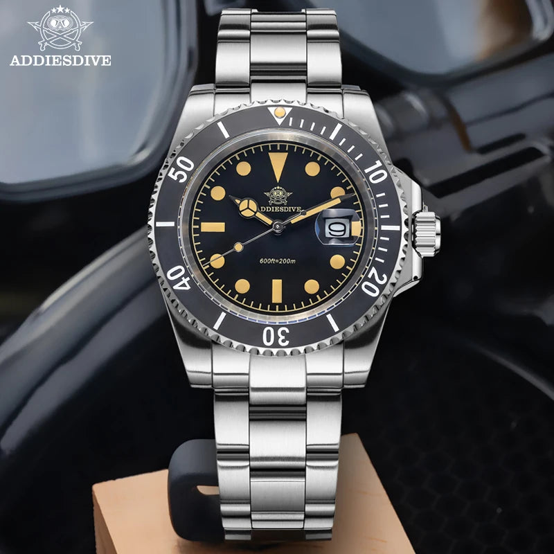 ADDIESDIVE AD2054 Stainless Steel Quartz Watch 200M Dive Watches Green Luminous Men's WristWatches Waterproof Relojes Masculino