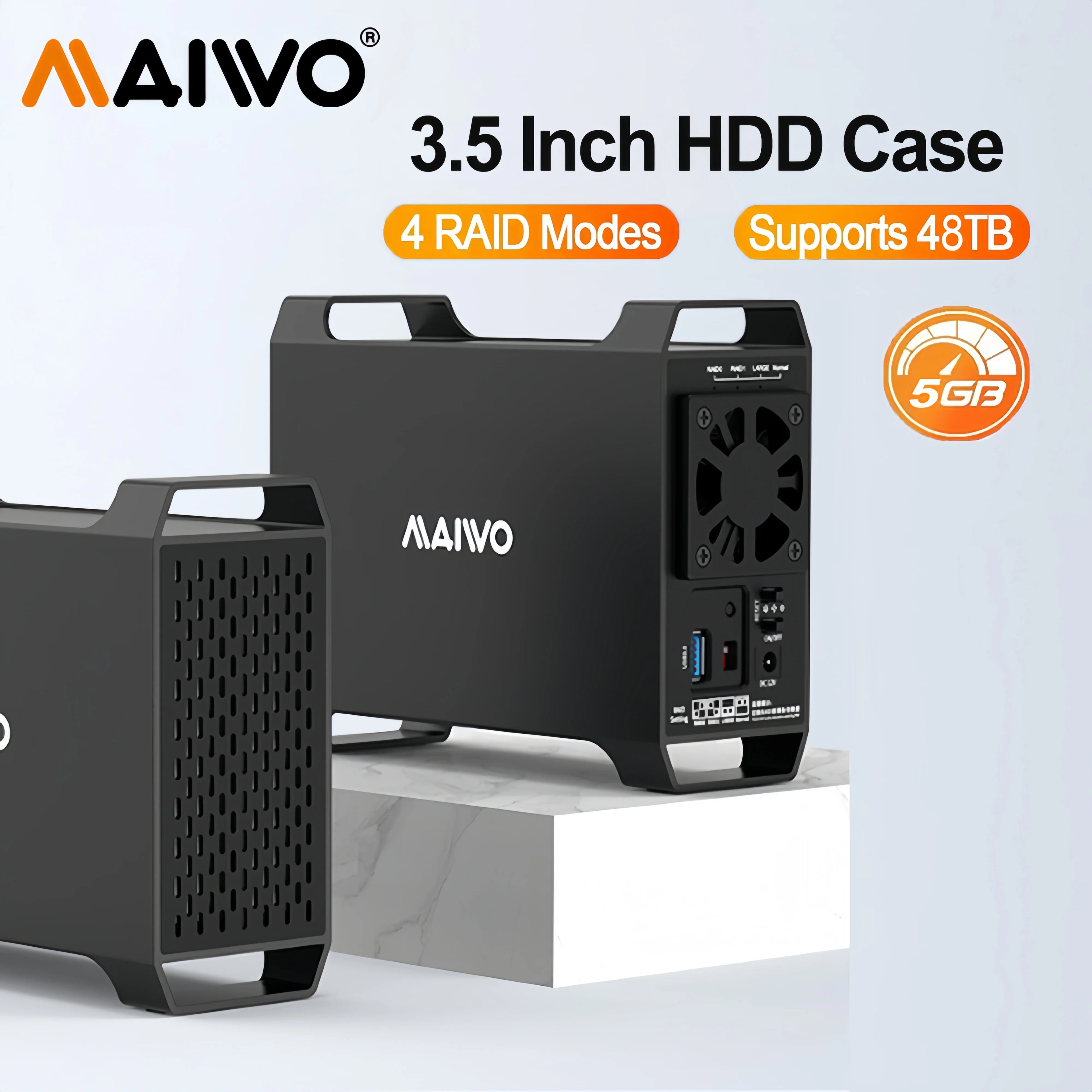 MAIWO 3.5" Dual Bay SATA HDD Hard Drive Enclosure with Cooling Fan for 4 Raid Modes USB 3.0 5Gbps 48TB Capacity Aluminum Alloy