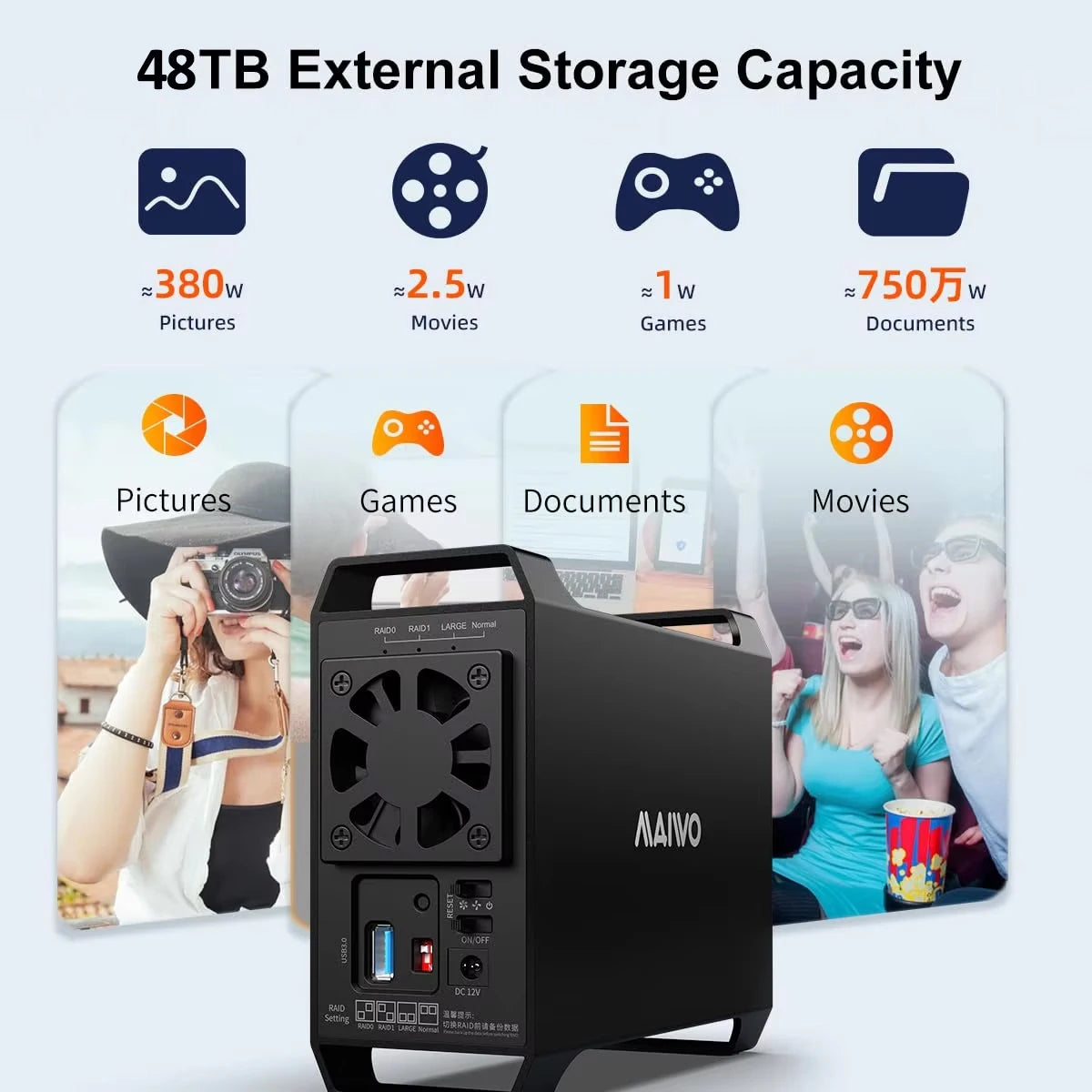 MAIWO 3.5" Dual Bay SATA HDD Hard Drive Enclosure with Cooling Fan for 4 Raid Modes USB 3.0 5Gbps 48TB Capacity Aluminum Alloy