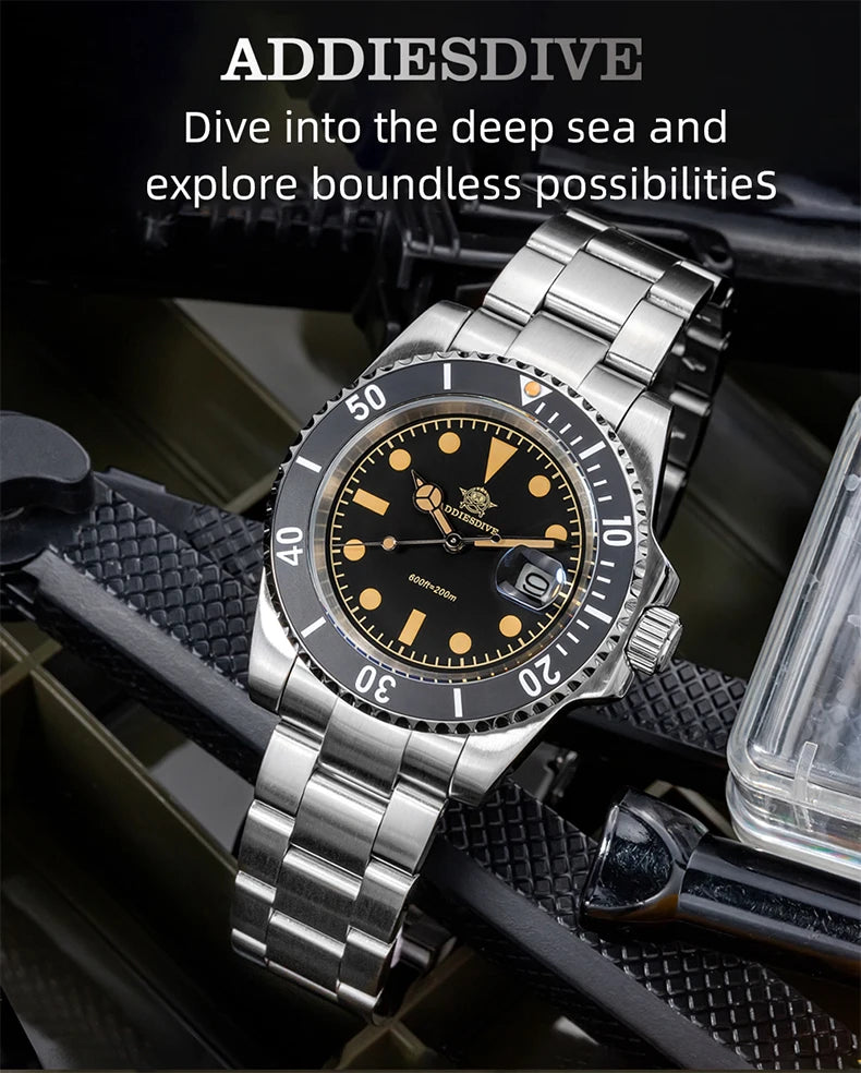 ADDIESDIVE AD2054 Stainless Steel Quartz Watch 200M Dive Watches Green Luminous Men's WristWatches Waterproof Relojes Masculino