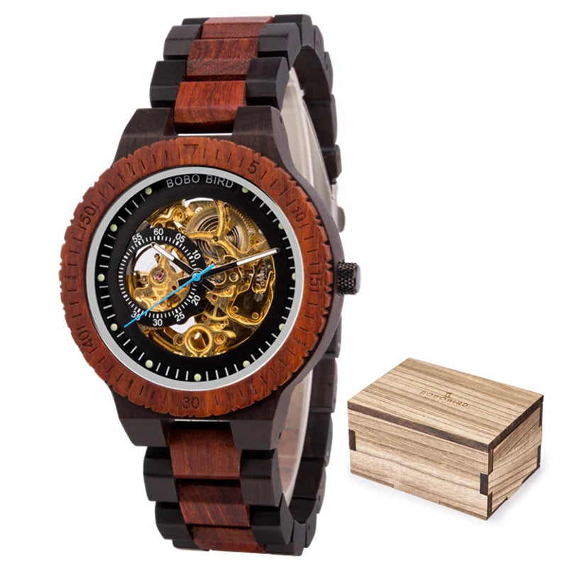 BOBO BIRD Hollow Sandalwood Men's Automatic Mechanical Watch Self-wind Wristwatch With Wood Box Dropshipping Personalized