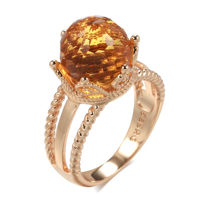 New Unusual 585 Rose Gold Crown Ring for Women Cut Emeral Ball Natural Zircon Ring Elegant Party Wedding Fine Jewelry