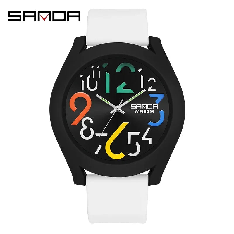 SANDA 9021  Creative Simple Girls 'Watch 2024 New Fashion White Casual Quartz Clock Men'S Watch Silicone Strap Waterproof Watch