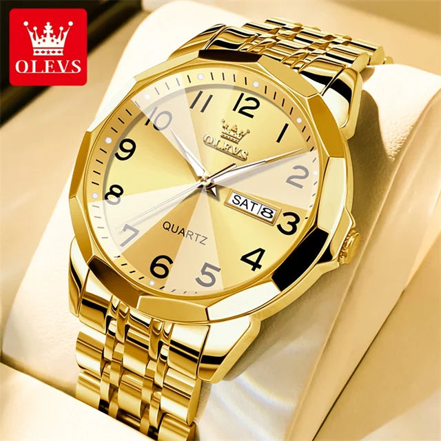 OLEVS 9970 Luxury Couple Watch Men Women Stainless Steel Waterproof Calendar Wristwatch Digital Dial Rhombus Mirror Lovers Watch