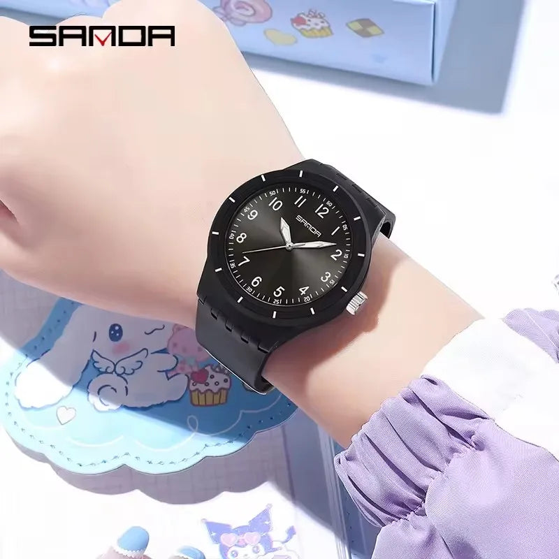 SANDA 9075 Casual Student Quartz Watch Simple Waterproof Silicone Strap Night Light Fashion Girls and Boys Watch Simple Daily