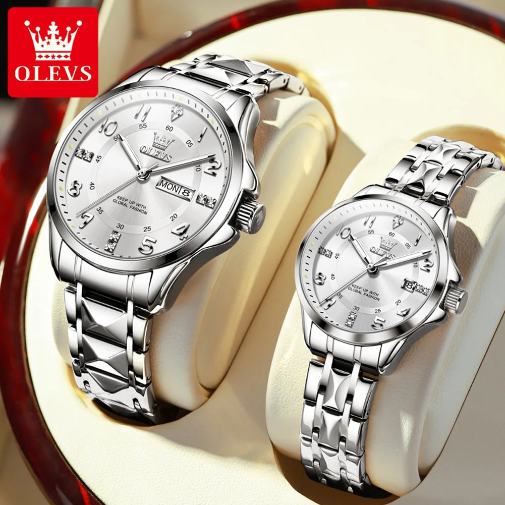 OLEVS 2910 Watch For Men Women Luxury Quartz Couple Watches Waterproof Stainless Steel Hand Clock Diamond Number Dial Wristwatch