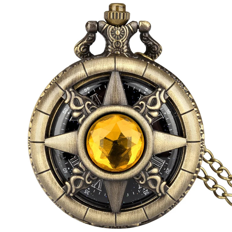 Exquisite Emerald-green Stone Bronze Case Quartz Pocket Watch Simple White Dial Chain Clock Necklace Pendant Watch for Men Women