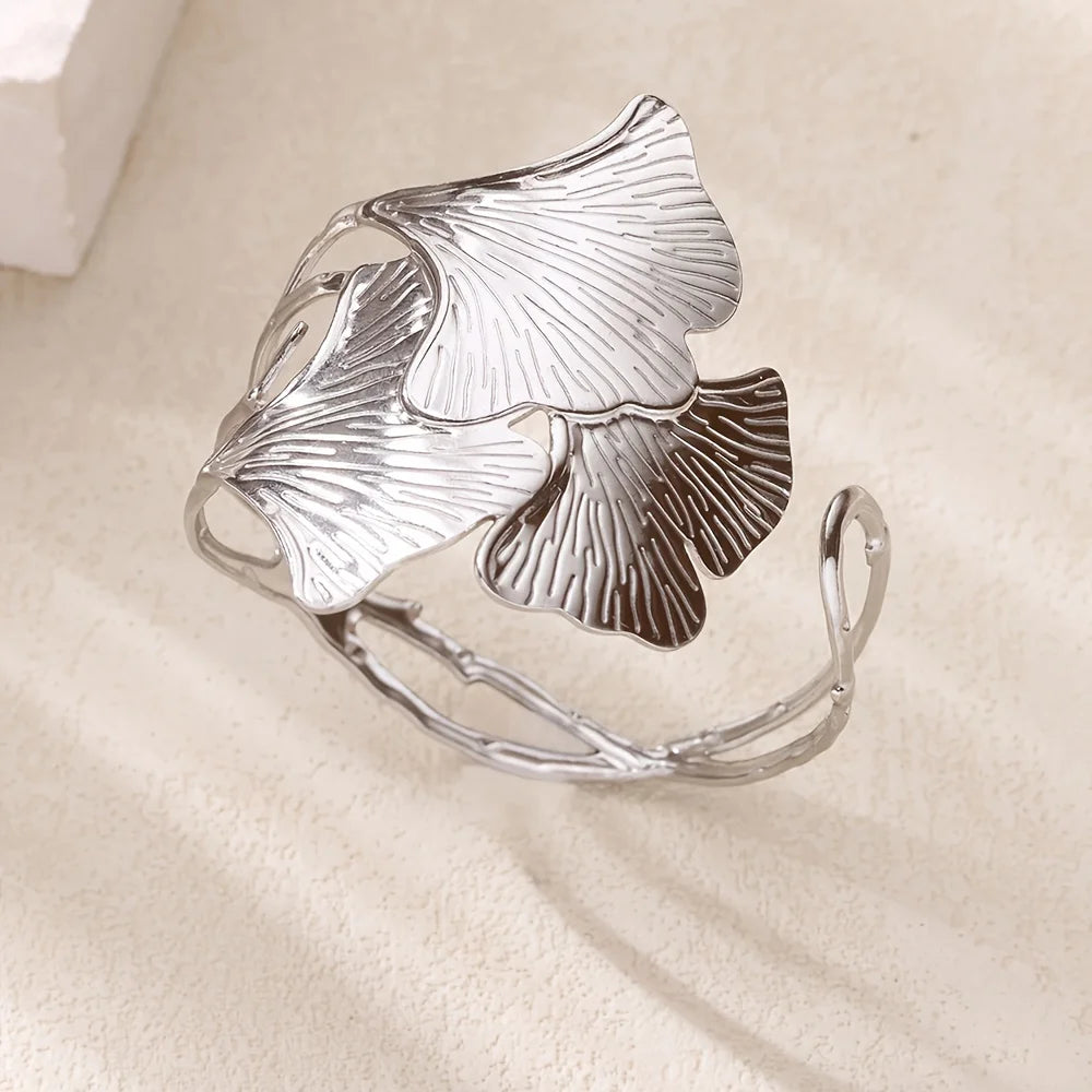 Women's Ginkgo Leaf Cuff Bracelet Elegant Stainless Steel Open Bracelet Jewelry Fashion Accessory Summer Waterproof Jewelry
