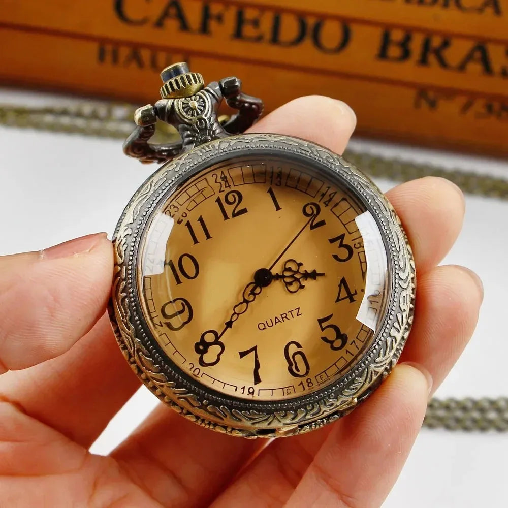 Vintage Amber Color Dial Bronze Pocket Watch Quartz Chain Pendant Clock Necklace Watches for Men Women Unique Exquisite Gifts