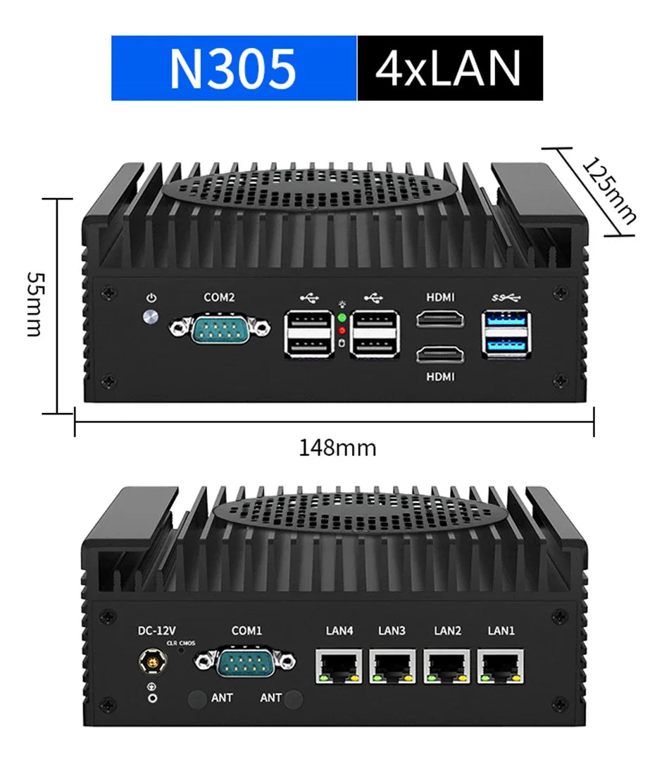 4x i226-V 2.5G Firewall Mini PC 12th Gen Intel i3 N305 N100 Soft Router DDR5 2*COM 2*HDMI Industrial Computer Efficient cooling