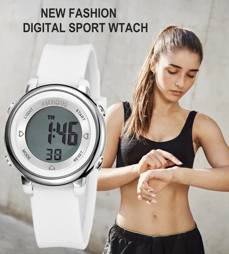 OHSEN Women Watches Digital LCD Watch Black Silicone Strap Kids Children Waterproof Wristwatch Sport Electronic relogio feminino