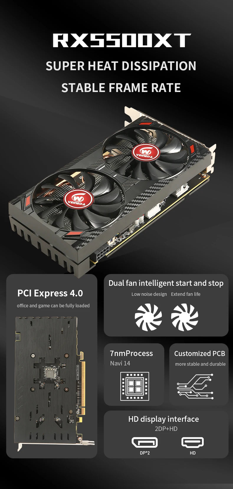 VEINEDA Video card RX5500XT 8G D6 Gaming Graphics Card with 8G/128bit/GDDR6 Memory  Frequency DirectX12 3D Feature 7nm