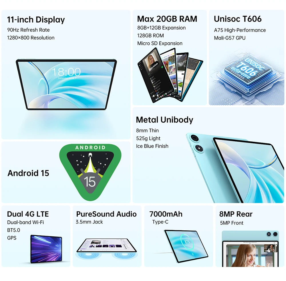 Teclast P50 2025 Android 15 Tablet 11 inch 90Hz Display T606 Octa-Core Max 20GB(8+12GB) RAM 128GB ROM 7000mAh Type-C 4G LTE GPS