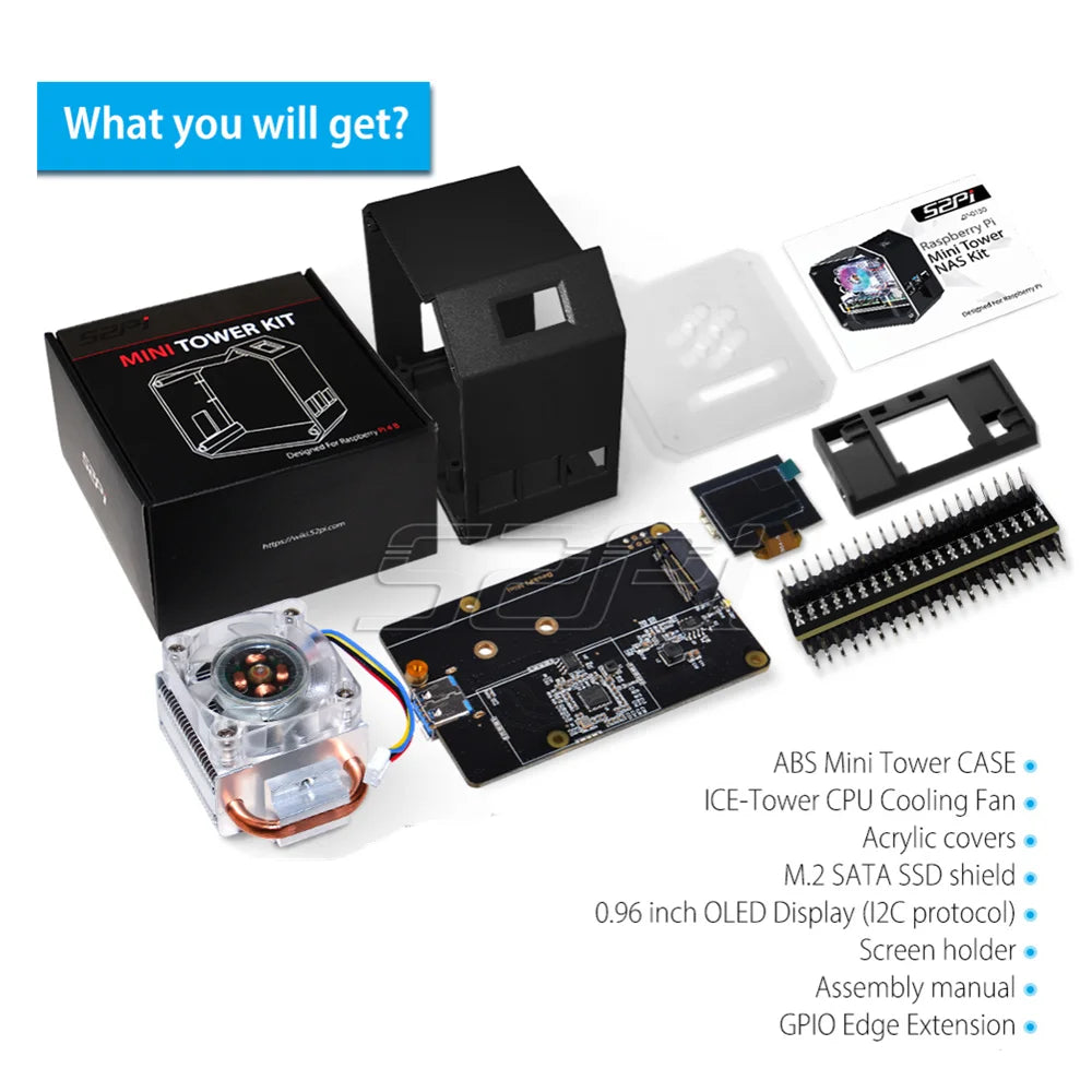 52Pi Raspberry Pi 4 Model B ABS Mini Tower NAS Kit with Ice Tower 0.96 Screen Dispaly for Raspberry Pi 4B