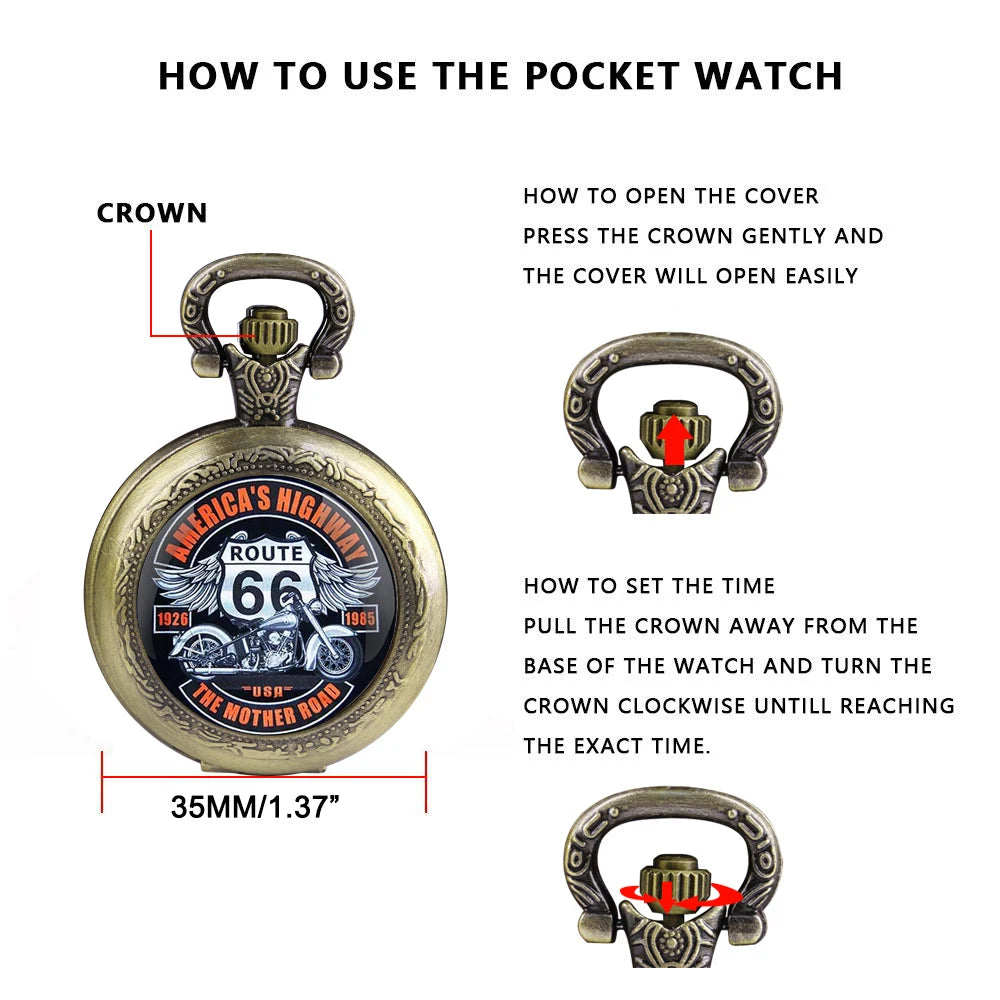 ROUTE 66 Glass Dome Black Quartz Pocket Watch with Arabic Numerals Dial and Durable Chain Gift for Men Women