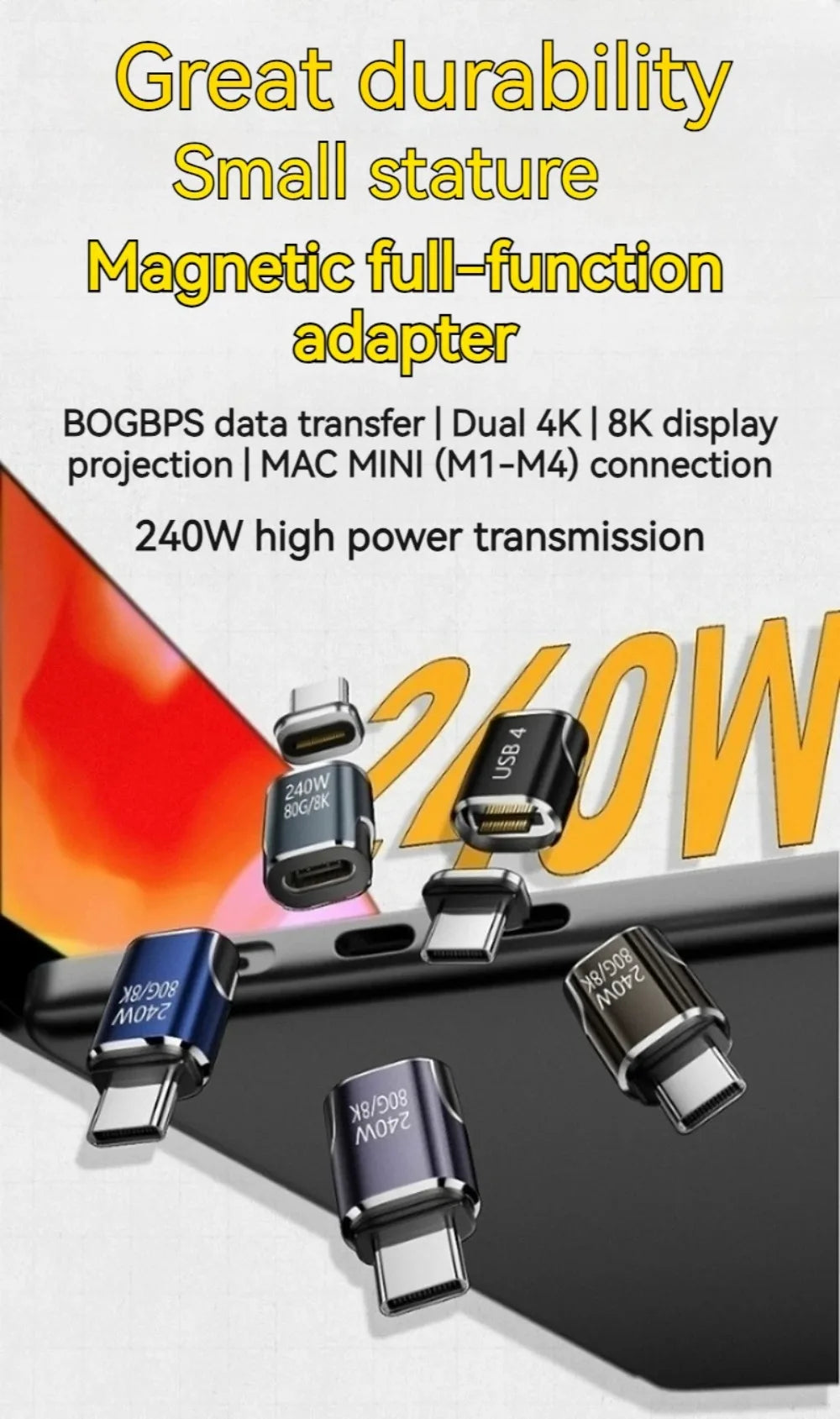 240W Magnetic USB C Adapter 80Gbps Data Transfer 8K Video PD Fast Charging USB4.0 Type C Mini Converter for MacBook Phone Tablet