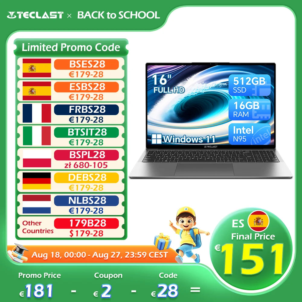 TECLAST F16 Air Laptop 16 inch Backlit Keyboard 180 Degree Flip 16GB RAM ROM 512GB 1920x1200 IPS fits Intel N95 CPU Support Mini-HDMI