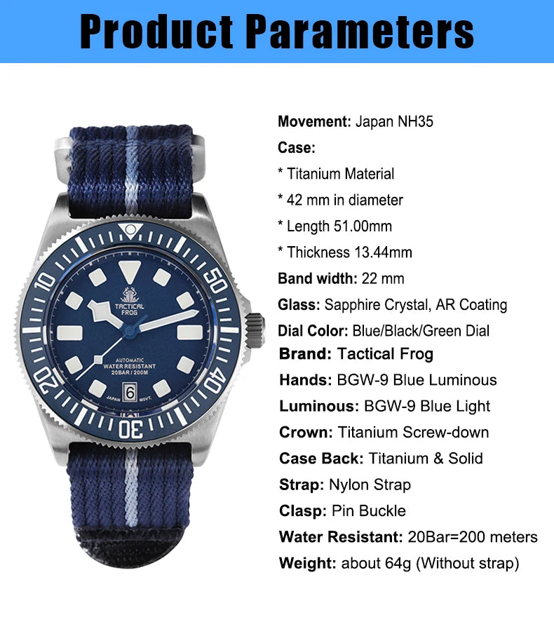 Tactical Frog Titanium Dive Watch Men 42mm NH35 Automatic Mechanical Movement Sapphire Glass 200M Waterproof BGW-9 Luminous