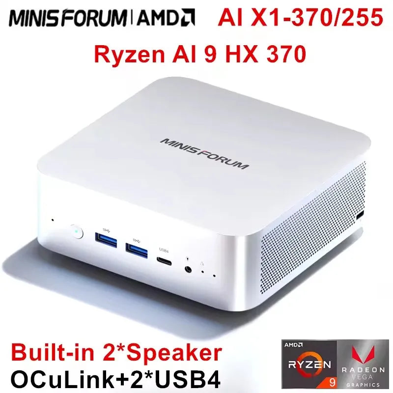 MINISFORUM AI X1 370 255 Mini Computer AMD Ryzen AI 9 HX 370 R7 255 OCuLink 2*USB4 Built-in Dual Speaker Gaming Desktop PC WiFi7