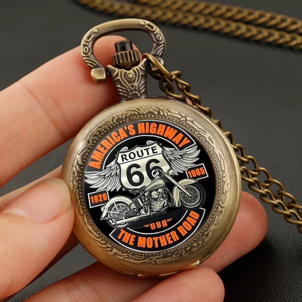 The Mother Road Route 66 Pocket Watch Cool Black Motorbike Clock Elegant Exquisite Pendant With Necklace Chain Relogio Best Gift