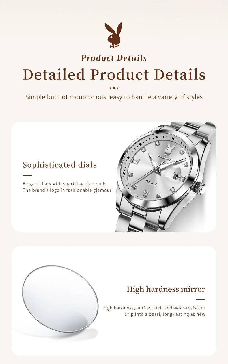 PLAYBOY New Original Luxury Women Watch Waterproof Calendar Luminous Stainless Steel Elegant Fashion Quartz Women's Wristwatch