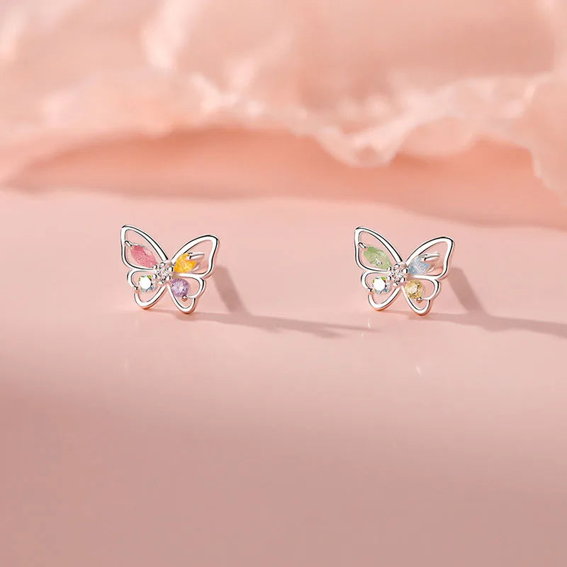 SOFTPIG Real 925 Sterling Silver Zircon Ice Butterfly Stud Earrings For Women Party Classic Fine Jewelry Minimalist Accessories