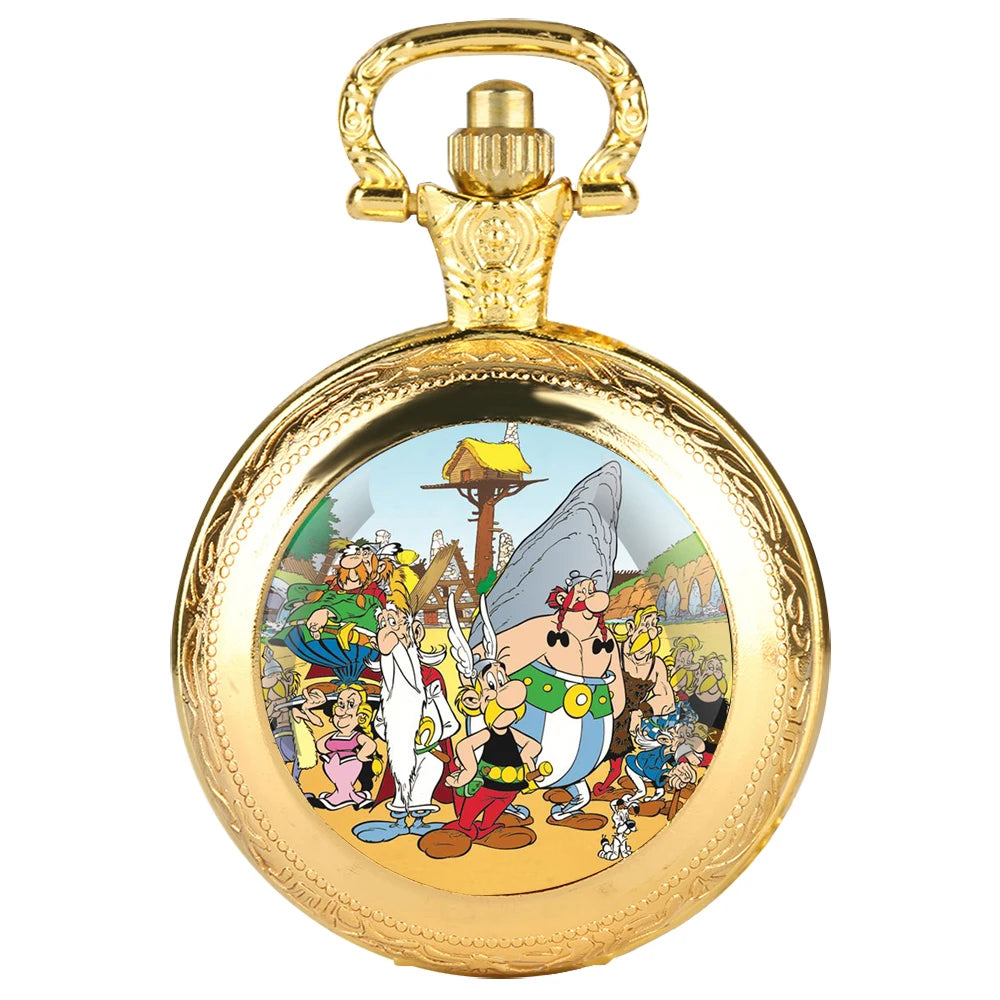 Asterix Design Glass Dome Unisex Arabic Numerals Dial Quartz Pocket Watch Women Man Necklace Pendant Accessory with Chain Gift