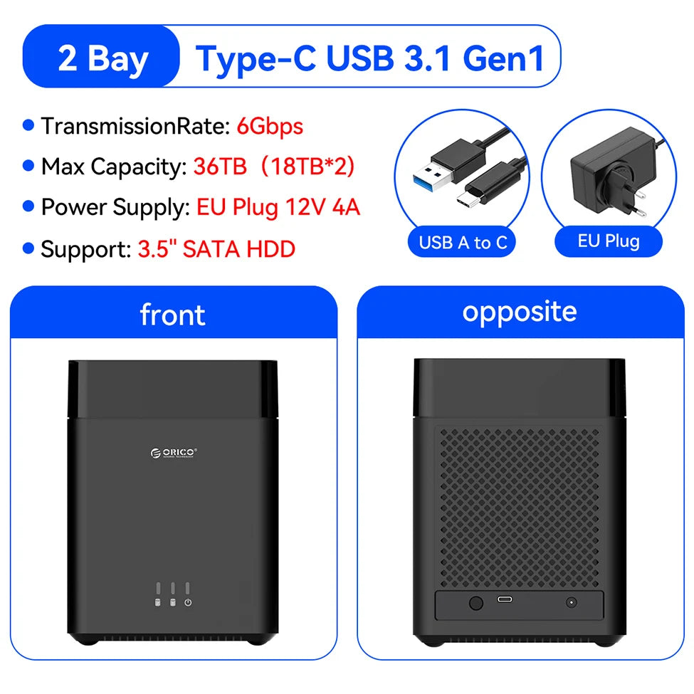 ORICO 2 Bay HDD Enclosure Hard Drive Case 3.5" SATA Docking Station USB 3.0 Type C DAS Storage Box 36TB Expansion for PC Laptop
