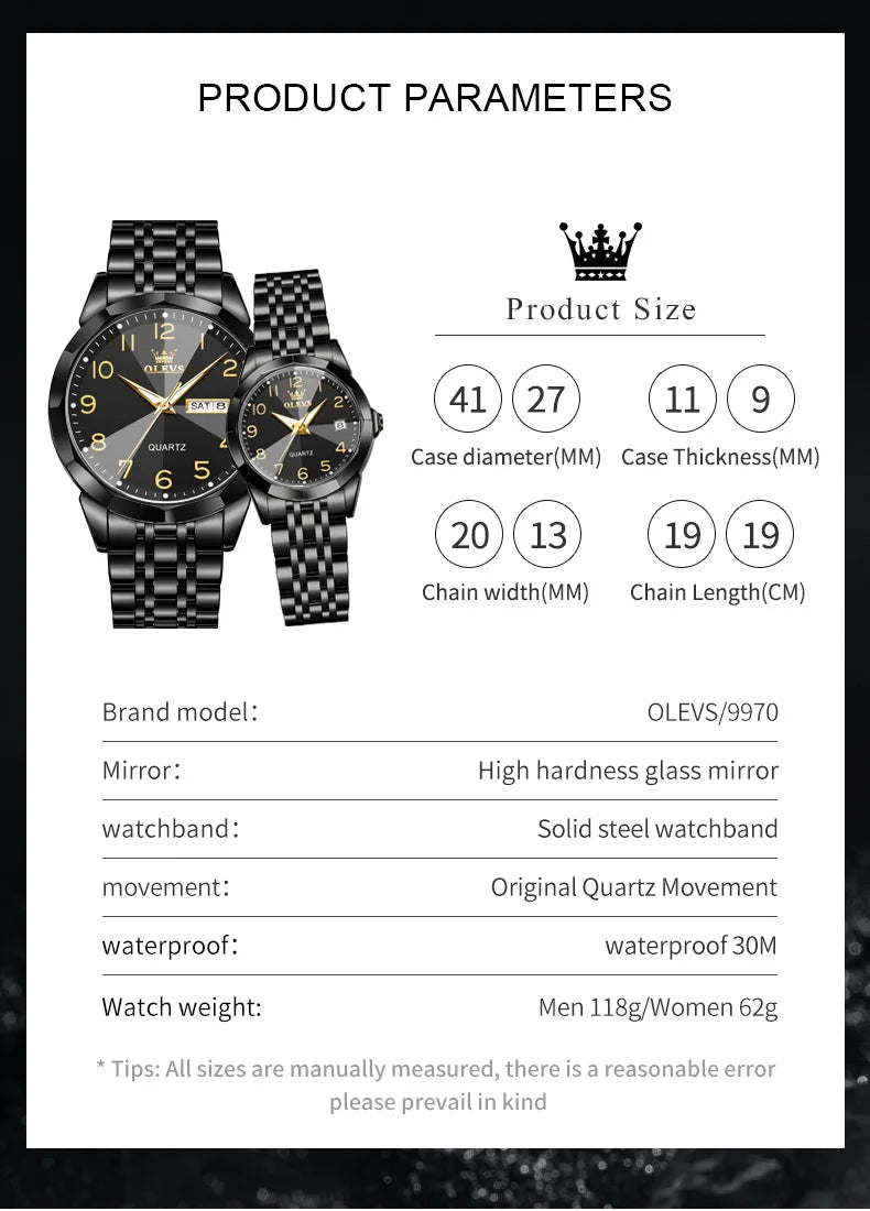 OLEVS 9970 Couple Watch Classic Digital Dial Stainless Steel Rhombus Mirror Luxury Top Quartz Watches for Men Women Lover's Gift