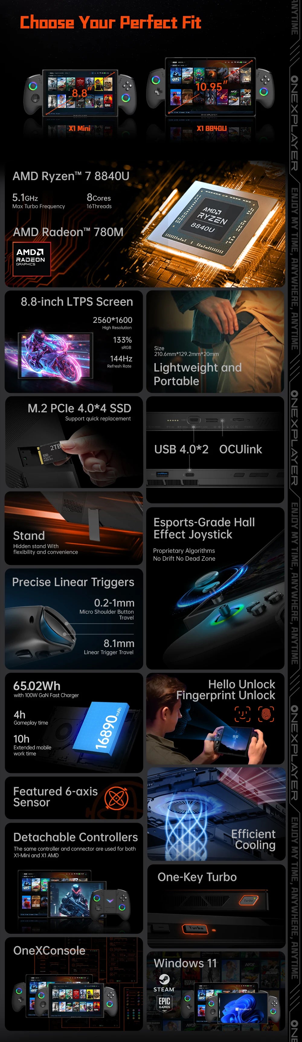 OneXplayer X1 mini AMD AI 9 HX 370 / 8840U 8.8'' 3-In-1 Handheld PC Game Console Laptop Tablet AI Computer Detachable Controller
