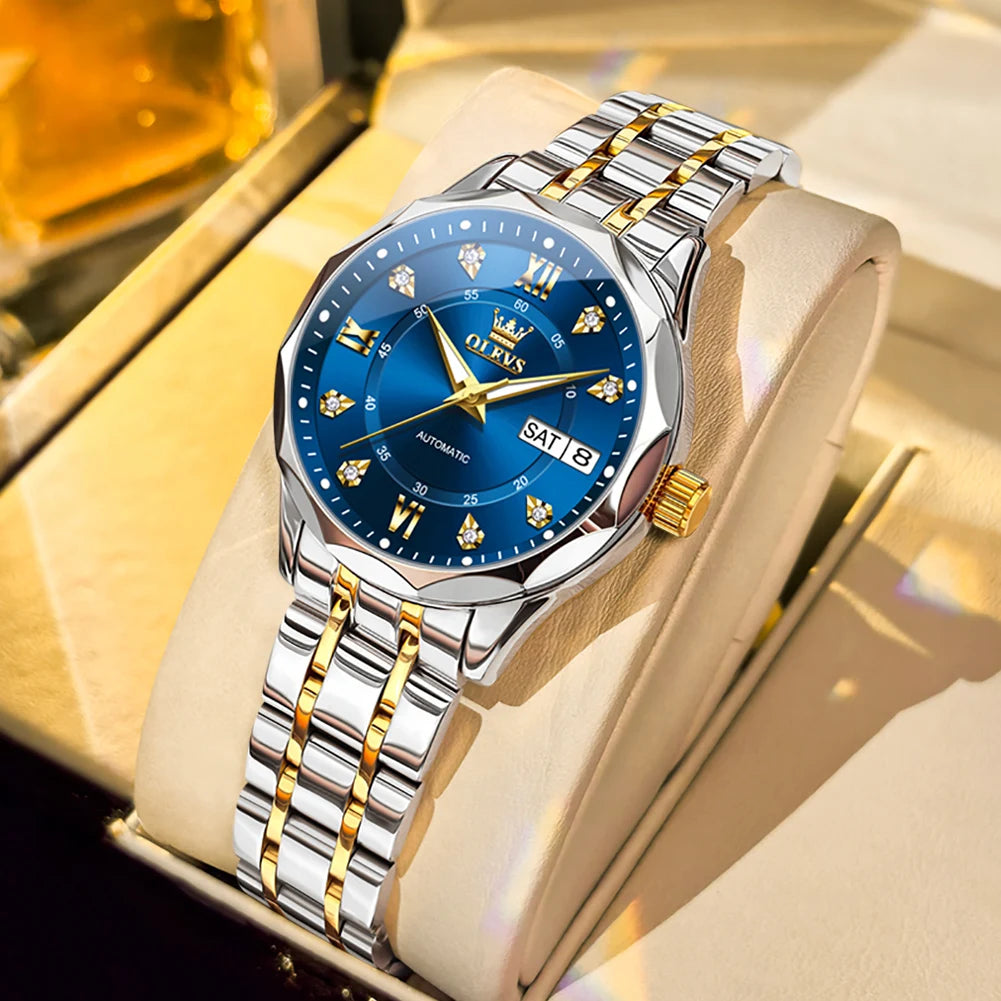 OLEVS 6727 Women's Watches Elegant Fashion Original Automatic Mechanical Watch for Lady Grey Double Scale Dial Waterproof Date