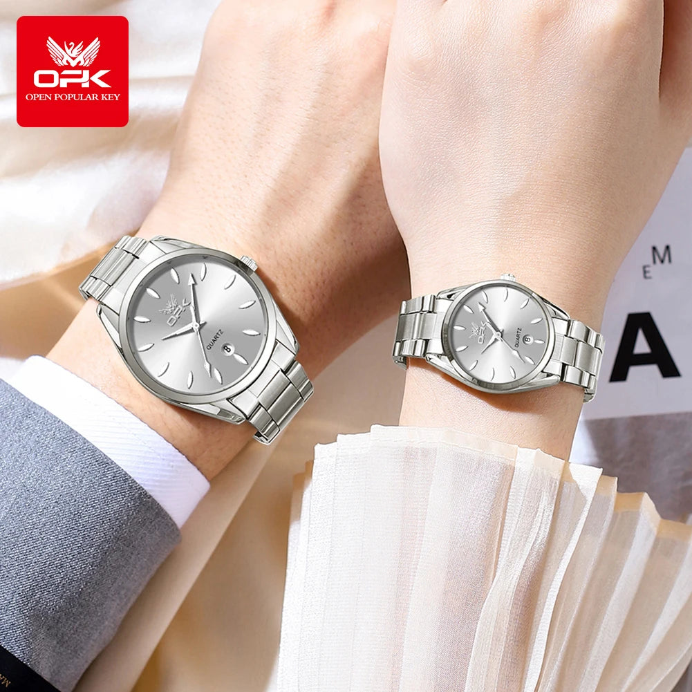 OPK 6038 Couple Watches Stainless steel Belt Deep Waterproof Calendar Hand Clock