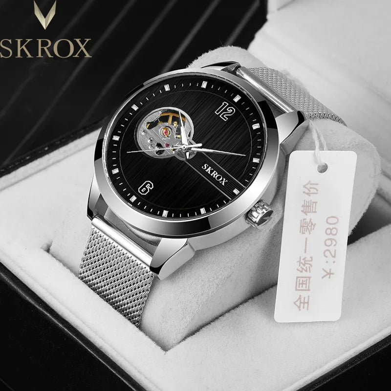 SKROX Elegant Luminous Waterproof Automatic Clockwork Tourbillon Skeleton Mechanical Men's Watch Mesh strap Luxury Wrist Watches