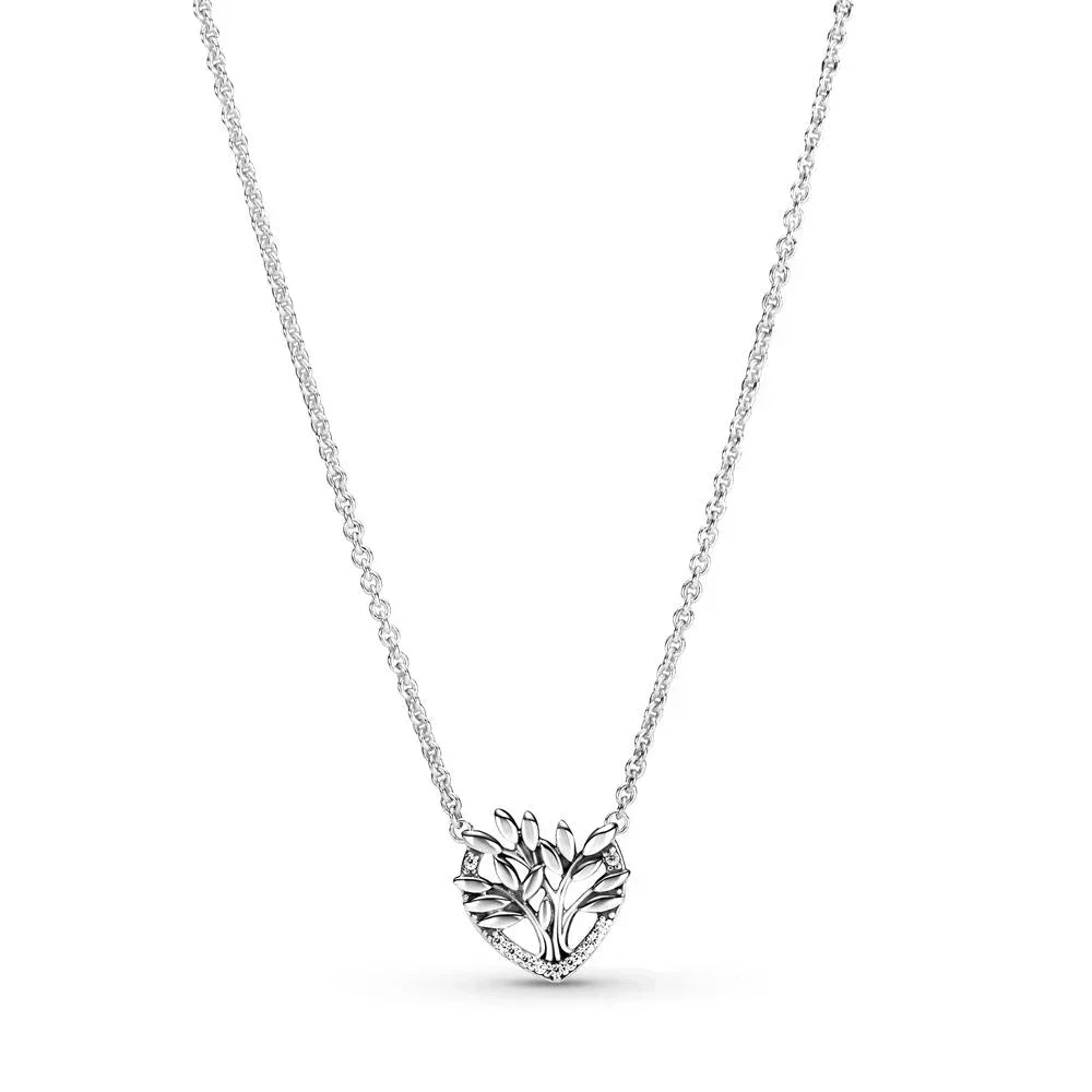 2021 New 100% 925 Sterling Silver pretty Sparkling Double Halo Collier Necklace Heart Family Tree Collier Fit Party Gift