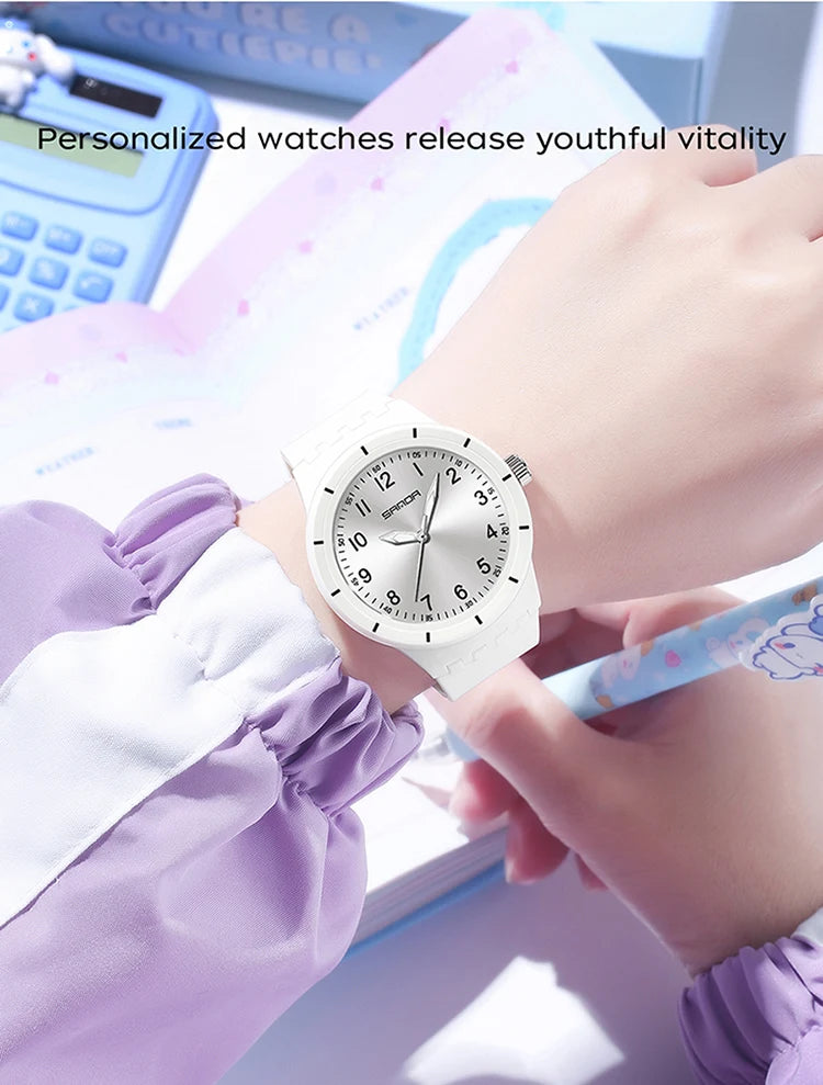 SANDA 9075 Casual Student Quartz Watch Simple Waterproof Silicone Strap Night Light Fashion Girls and Boys Watch Simple Daily