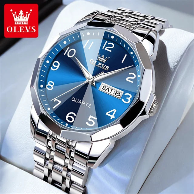OLEVS 9970 Luxury Couple Watch Men Women Stainless Steel Waterproof Calendar Wristwatch Digital Dial Rhombus Mirror Lovers Watch
